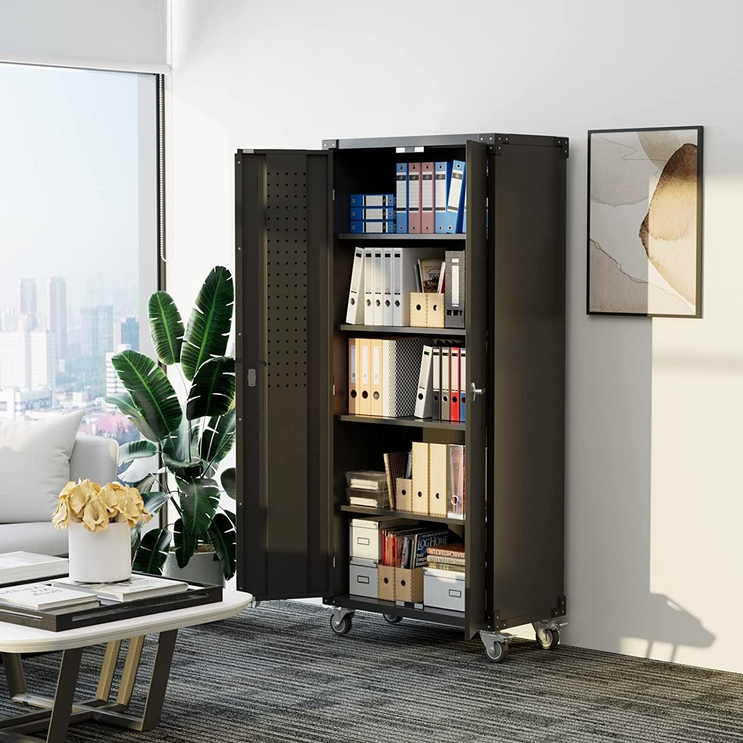 Garage Storage Cabinet With Wheels & Pegboard, H Locking Metal Storage Cabinet With Doors And 4 Adjustable Shelves For Garage Workshop Home, Assembly Required, Black