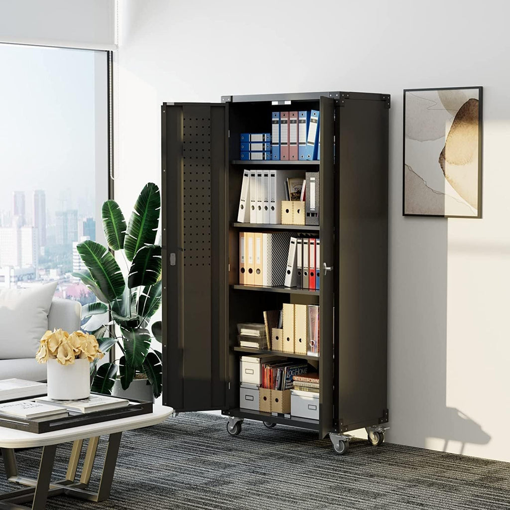 Garage Storage Cabinet With Wheels & Pegboard, H Locking Metal Storage Cabinet With Doors And 4 Adjustable Shelves For Garage Workshop Home, Assembly Required, Black