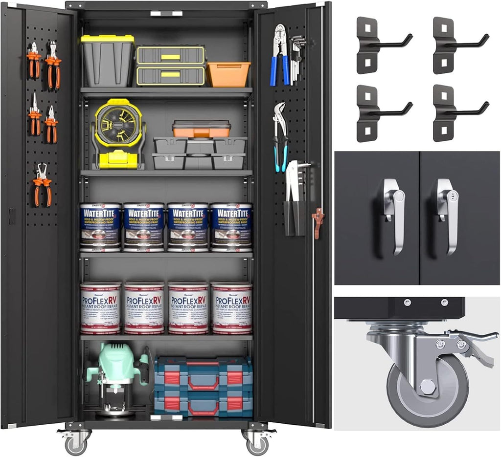 Garage Storage Cabinet With Wheels & Pegboard, H Locking Metal Storage Cabinet With Doors And 4 Adjustable Shelves For Garage Workshop Home, Assembly Required, Black
