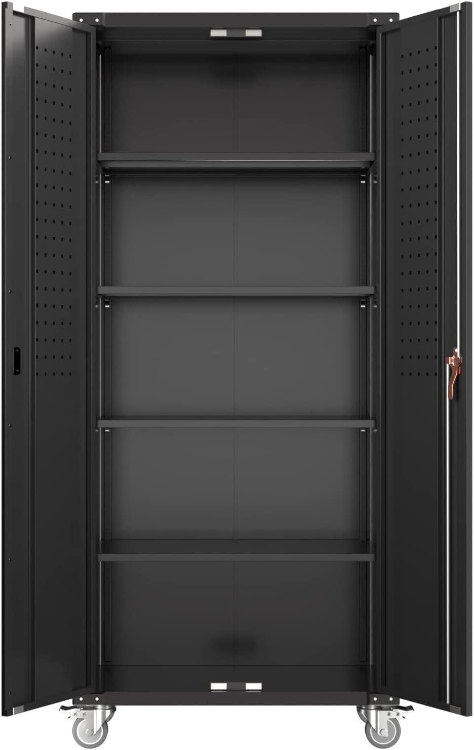 Garage Storage Cabinet With Wheels & Pegboard, H Locking Metal Storage Cabinet With Doors And 4 Adjustable Shelves For Garage Workshop Home, Assembly Required, Black
