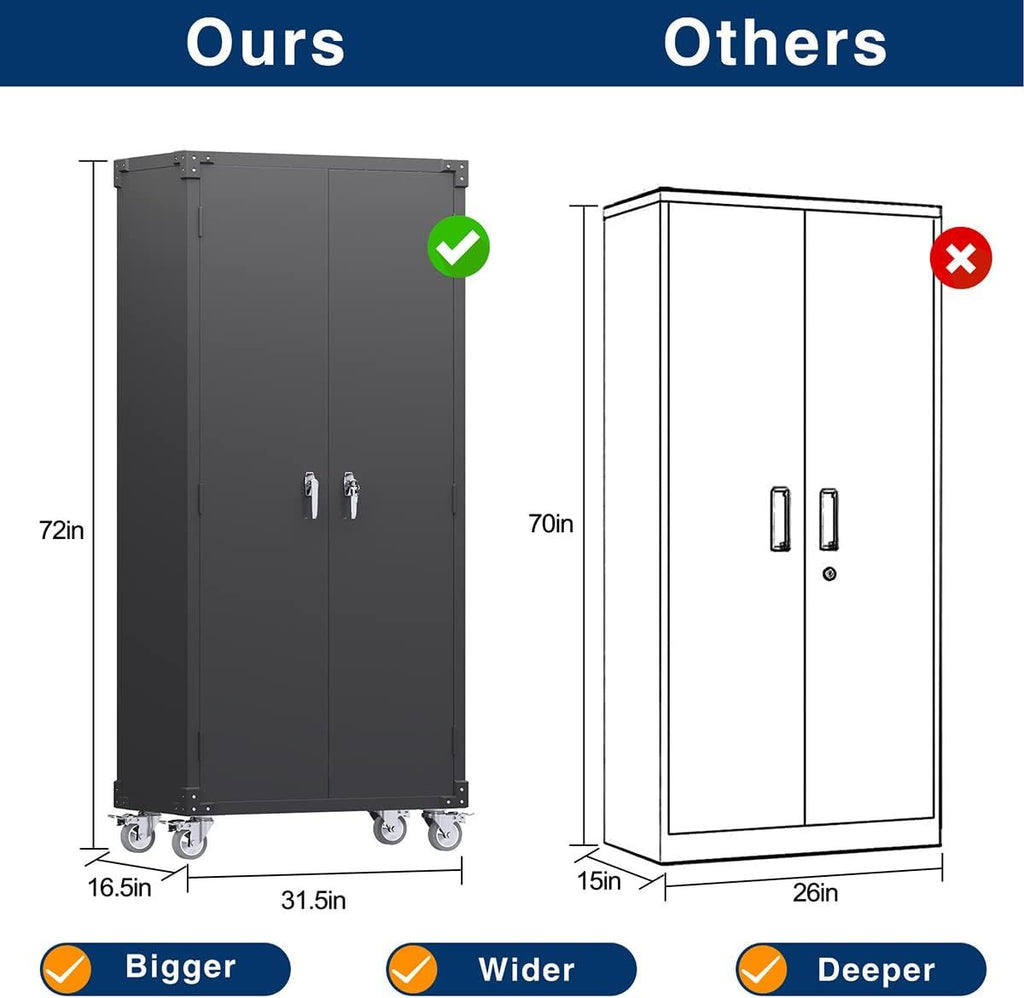 Garage Storage Cabinet With Wheels & Pegboard, H Locking Metal Storage Cabinet With Doors And 4 Adjustable Shelves For Garage Workshop Home, Assembly Required, Black