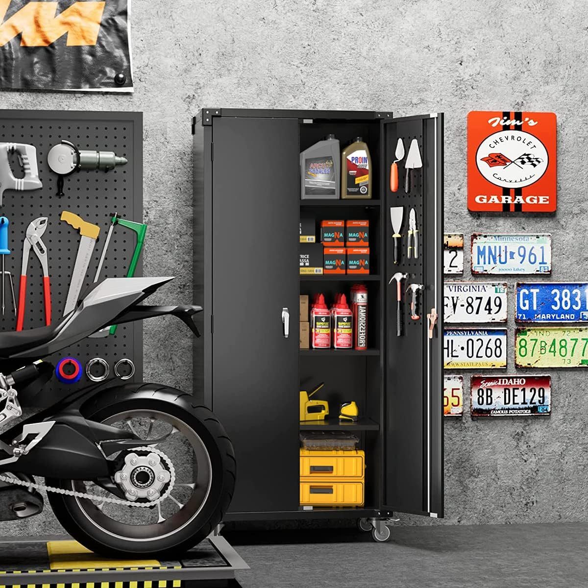 Garage Storage Cabinet With Wheels & Pegboard, H Locking Metal Storage Cabinet With Doors And 4 Adjustable Shelves For Garage Workshop Home, Assembly Required, Black