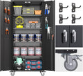 Garage Storage Cabinet With Wheels & Pegboard, H Locking Metal Storage Cabinet With Doors And 4 Adjustable Shelves For Garage Workshop Home, Assembly Required, Black